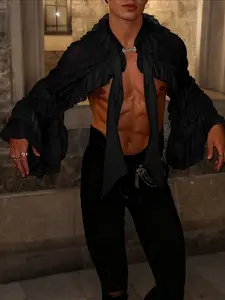 INCERUN Men's Ruffle Patchwork Cut Out Party Cardigan Tops, Long Sleeve Stylish Casual Outerwear, Perfect for Spring & Fall, Comfortable and Trendy Design