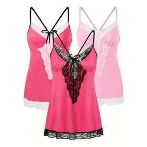 AVTKV Plus Size Backless Lace Nightgown & Cami Dress 3-Piece Lingerie Set, Soft Skin-Friendly Sleepwear Loungewear Womenswear Homewear Nightie Floral Sleeveless Floral
