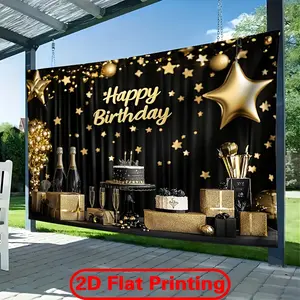 Black & Golden Shiny Happy Birthday Backdrop Polyester Photography Banner with Golden Stars & Champagne Design Perfect for Indoor Outdoor Parties Home Decor Studio Props and Garage Door Hanging Decor Signs Birthday Party Decorations