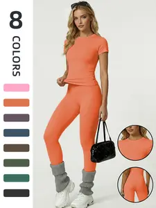 Women's Outdoor Yoga Set Quick-Dry Short Sleeve Top & Long Pants Running Training, Comfortable Sportswear Activewear for Women