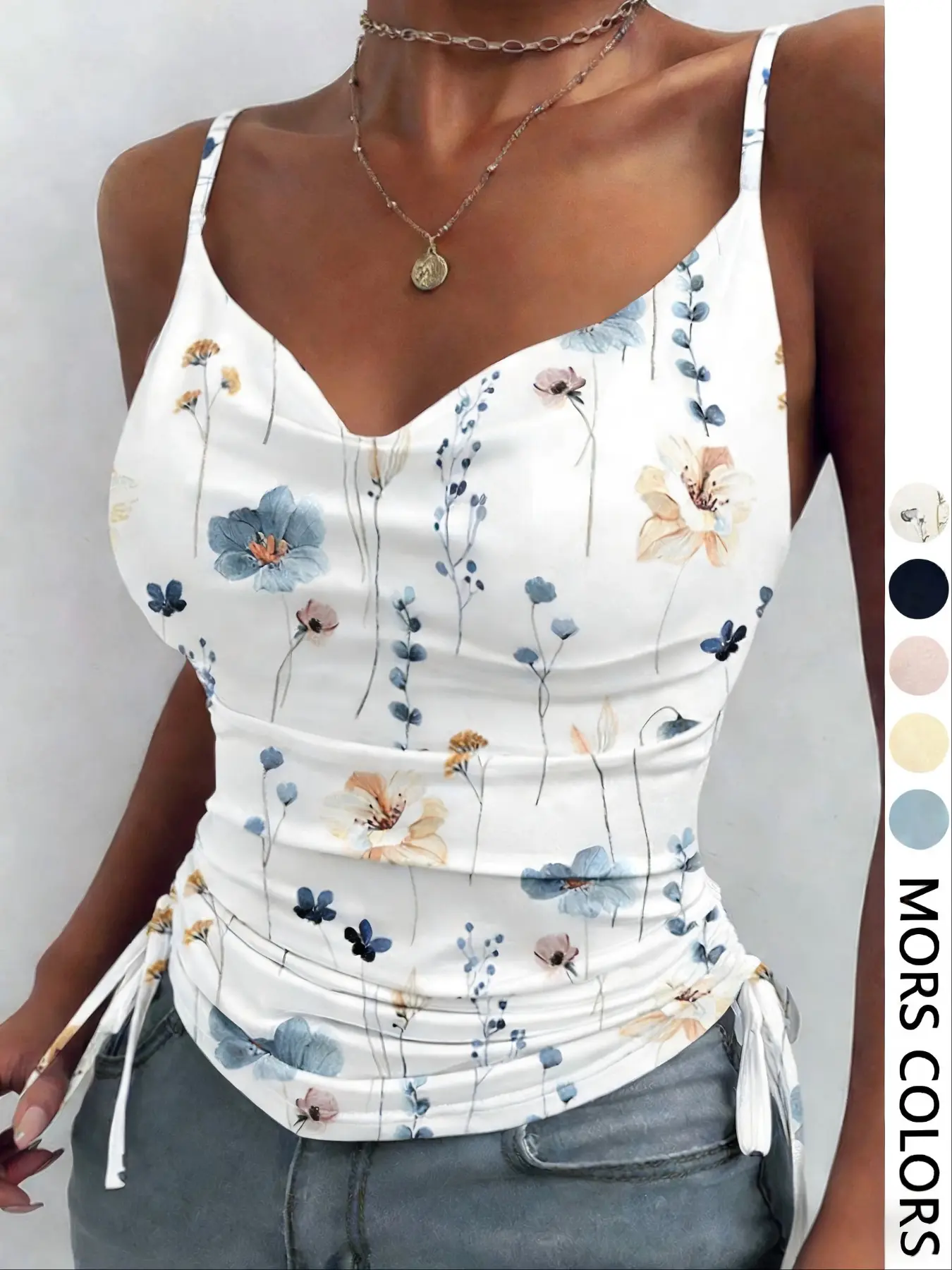 Women's Floral Print Ruched Drawstring Cami Top, Elegant Spaghetti Strap, Casual Spaghetti Strap Sleeveless Top for Summer, Women's Clothing for Daily Wear, Womenswear, Ruched Bust Cami, Floral Print Camisoles