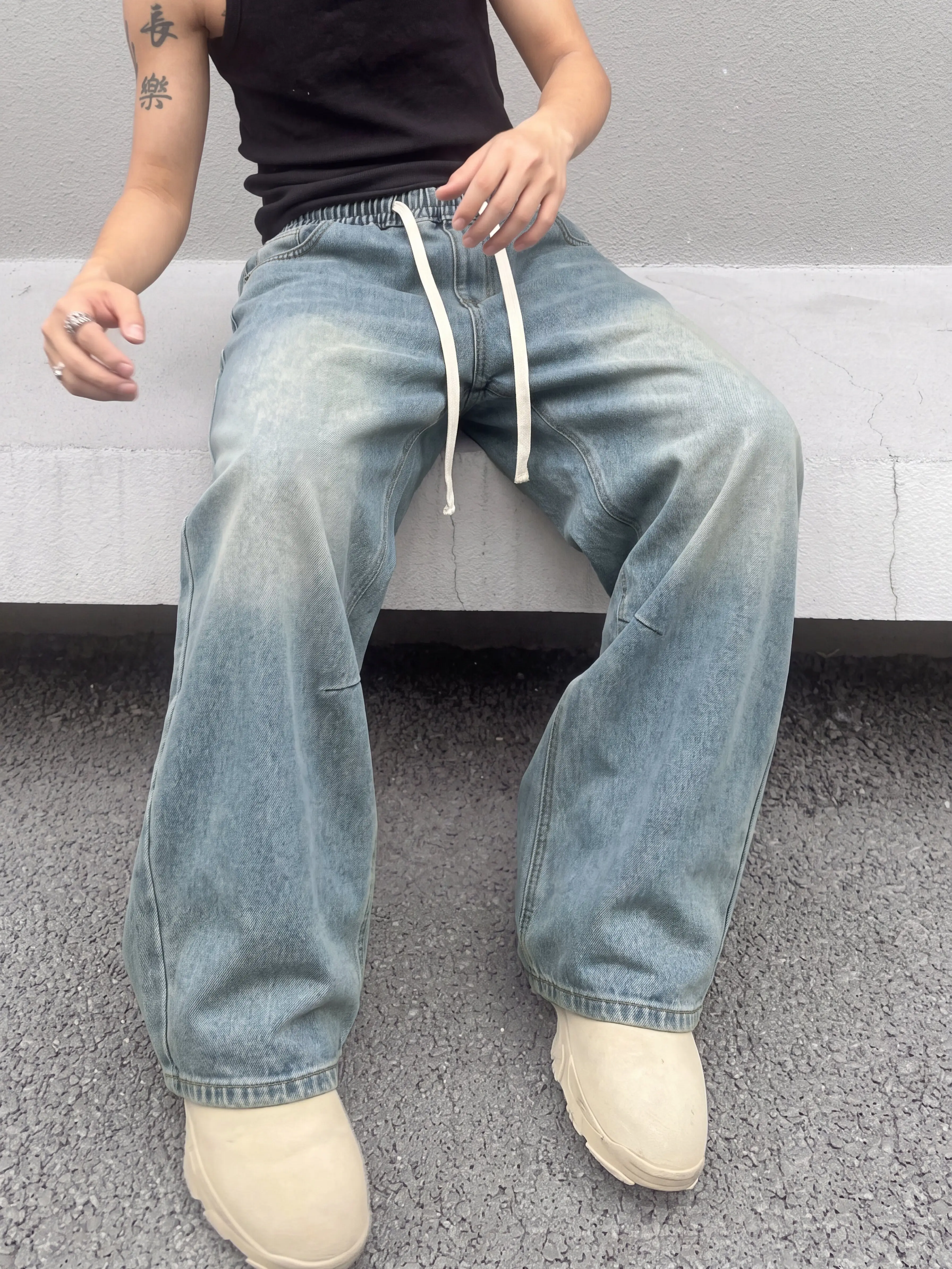 Men's Extreme Baggy Denim Jeans - Polyester-Cotton-Viscose Blend, Retro 90s Style Chic Baggy Pants, Loose Wide-Leg Drawstring Clothes, All-Season Casual Minimalist Streetwear, Plain Pockets, Light Indigo/Black/S1 Blue