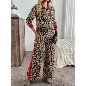 Two-piece women's leopard-print collar buttoned long-sleeved shirt, belt-waisted wide-leg pants - slimming and versatile for any occasion