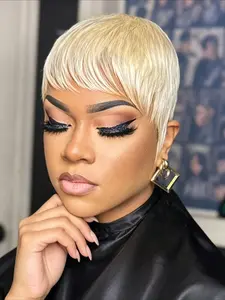 613 Blonde Color Straight Human Hair Bob Wig for Women Pixie Cut Wig Halloween Wig Full Machine Made Wig 150% Density 6 Inch