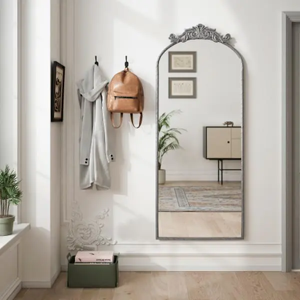 58"x24" Vintage Arched Full Body Mirror with Ornate Carved Top, Wall Mounted Large Dressing Mirror for Bedroom, Living Room – Antique Silver Frame
