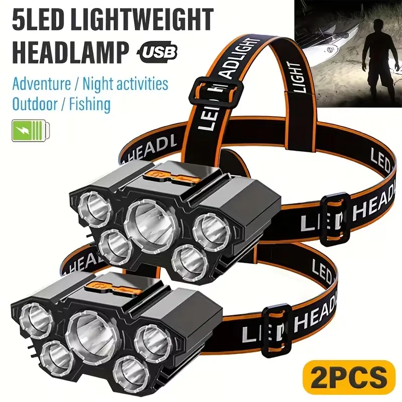 2PCS Portable 5-LED Outdoor Headlamp, Built-in Battery, USB Rechargeable, Suitable for Travel, Camping, Fishing, Hunting Portable Work Light Headlamp Cookware