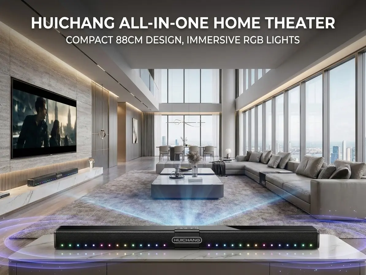 HUICHANG H008 Slim Fit Soundbar, 10 Bass Speakers, 34.6in Piano Black, Wireless Bluetooth 5.3, 9D Deep Bass, TWS Stereo, Colorful LED Lights, AUX/USB/Coaxial Inputs, Surround Sound, Peak Power, for Home Theater Watch Party, Manufacturer Warranty