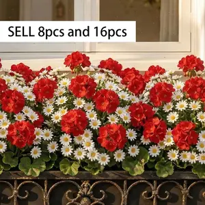 Realistic Vibrant Geranium Fake Flowers with Leaves, Artificial Sunflower, Outdoor/indoor Decor, Wedding Home Garden Kitchen Table Centerpiece