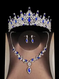 A set of 4 wedding accessories for a female bride, Elegant Jewelry Set, including a sapphire blue diamond crown, necklace, and earrings. Wedding dress and headwear are also suitable for weddings, parties, and gatherings