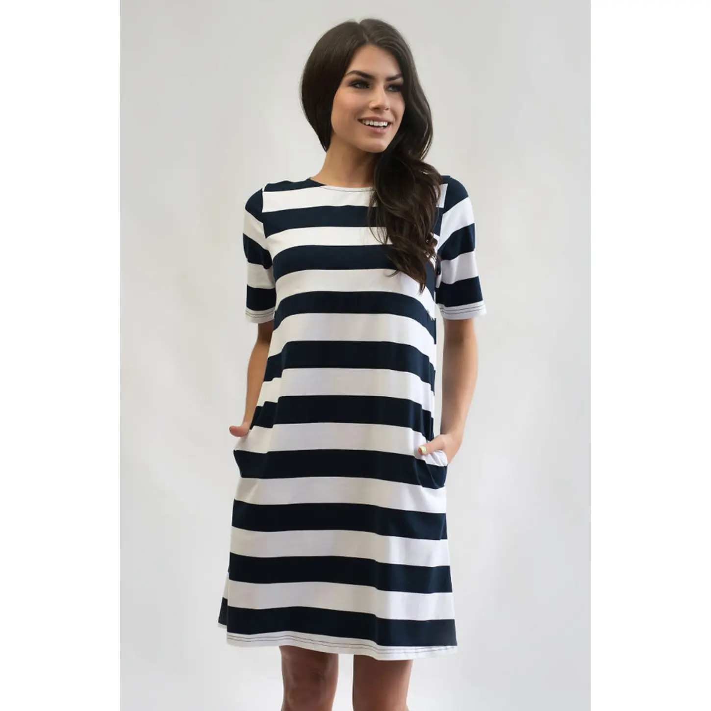 Cotton Nursing Dress With Pockets- Hidden Zipper - WIDE Stripe - Navy/White