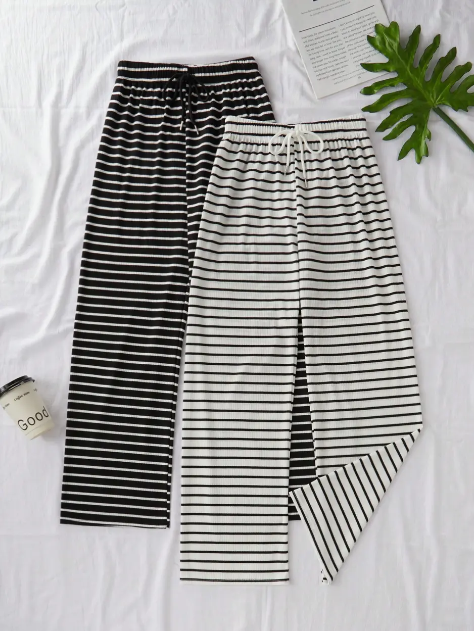 Women's 2-Piece Striped Stretchy Drape Fabric Pajama Pants - Ultra-Soft Knit, Elastic Waist with Drawstring, Lightweight Breathable Wide-Leg Nightwear, Black & White Loungewear for Matching Tops, 2-Piece Sets Clothes for Women