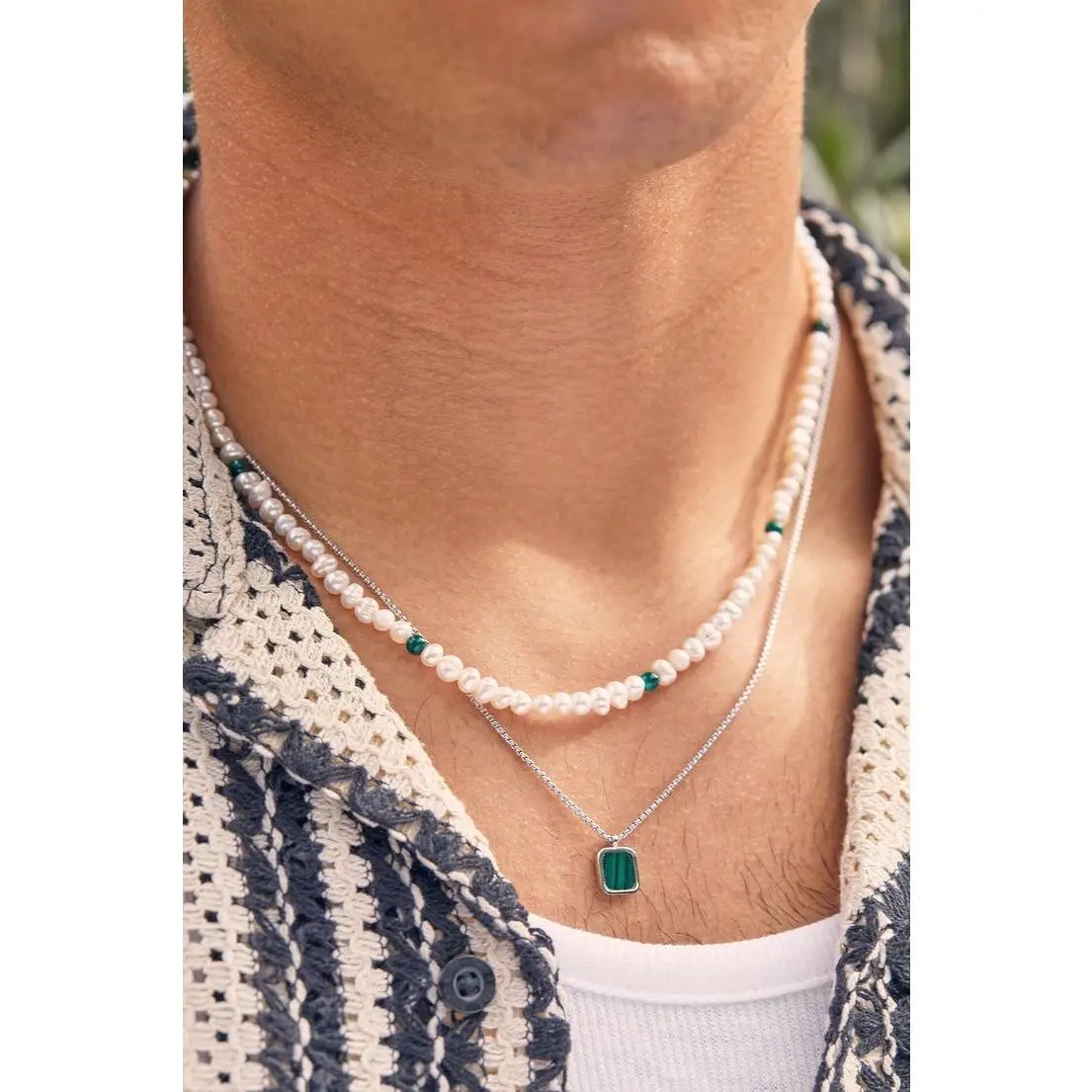 2PCS Fashion Trend Turquoise Pendant Men's Beaded Stainless Steel Necklace Casual Versatile Jewelry