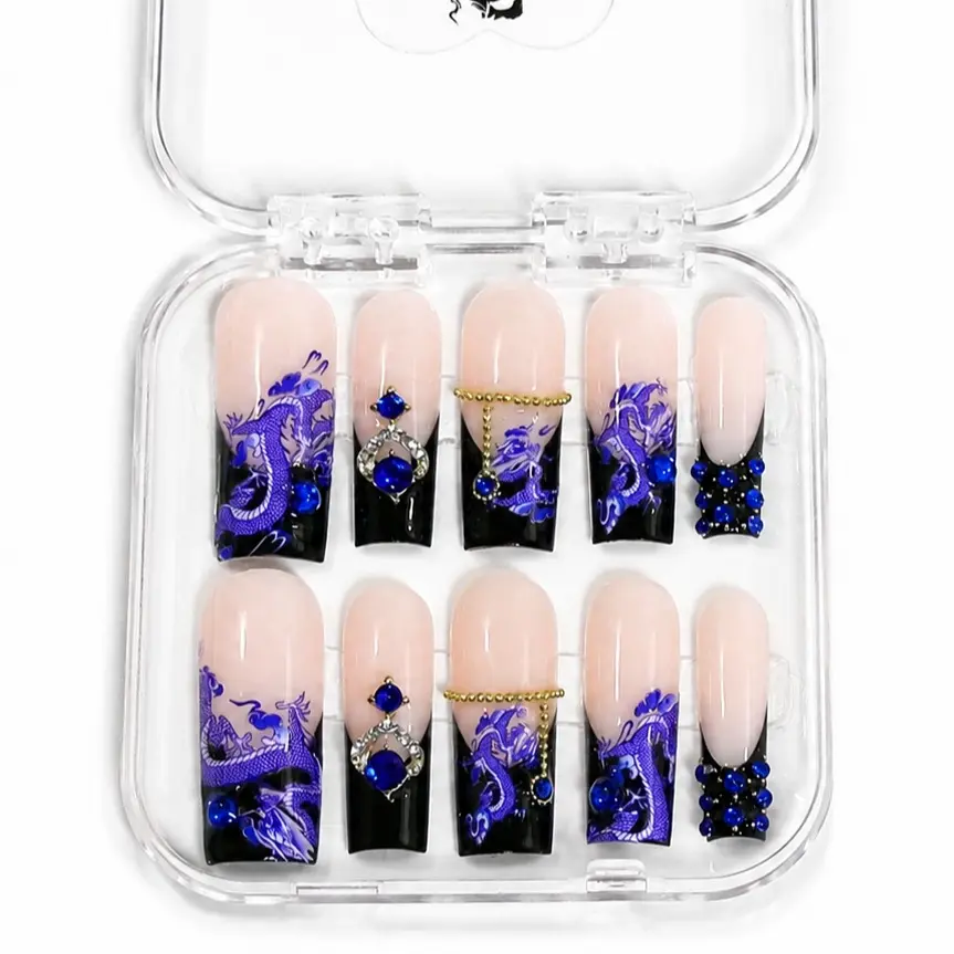 Blue Midnight Dragon Handmade Press on Nails Reusable