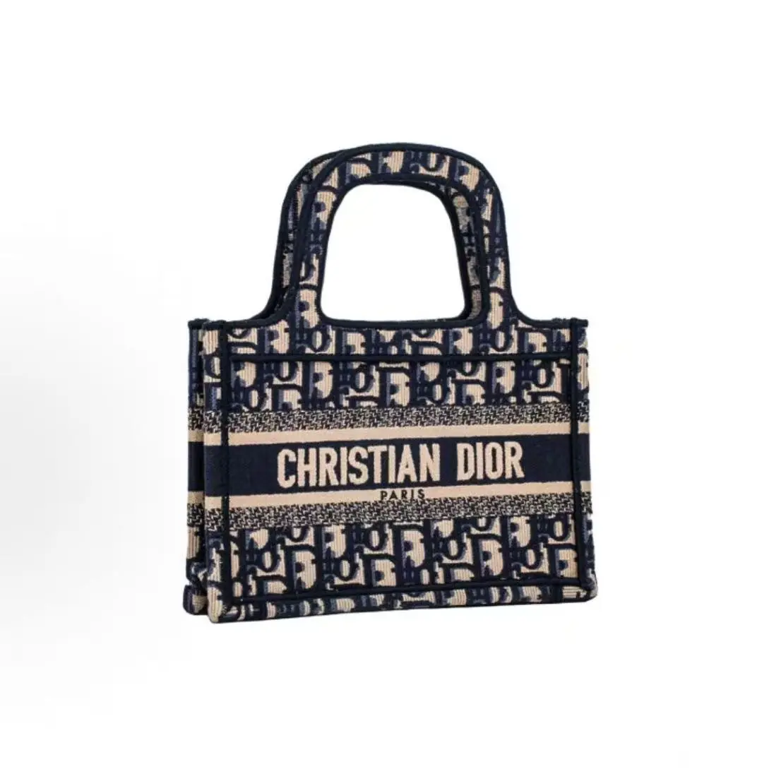 Pre-owned Dior Book Tote — Trendy & Versatile, Hand Embroidered All Over Monogram Pattern, Coated Canvas Tote Bag / Shopping Bag / Handbag — Mini Size — Women's — Denim Blue & Beige