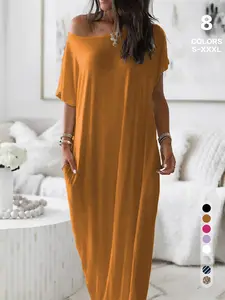 2026 Spring Summer Women's Off Shoulder Maxi Dress, Short Sleeve Loose Casual T-Shirt Dress, Soft Breathable Loungewear with Pockets, Solid, Striped & Print Options for Beach & Daily Wear