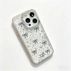 Luxury Polka Dot Bow & Rhinestone Glitter Star TPU Smartphone Case, Shockproof Drop Protection, Transparent Casing for iPhone 11-17 Series Pro & Pro Max - Cellphone Tech Accessories