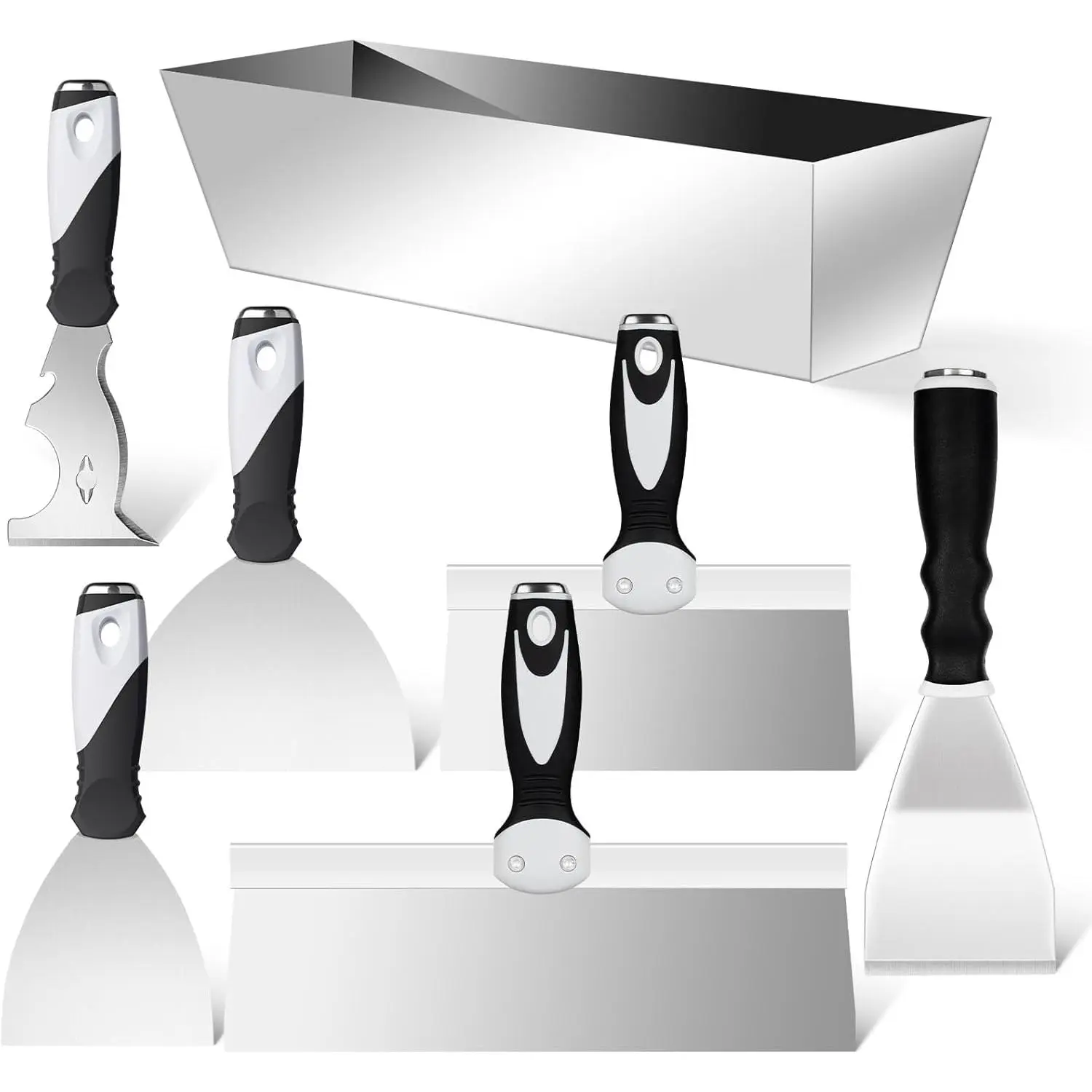 6-Inch Heavy-Duty Drywall Finishing & Putty Tools Set - Construction Kit with Comfortable Handle, Contoured Bottom for Painting & Spackling, Multi-Size Stainless Steel Pan, Putty Scraping Capability, Easy Tool Storage