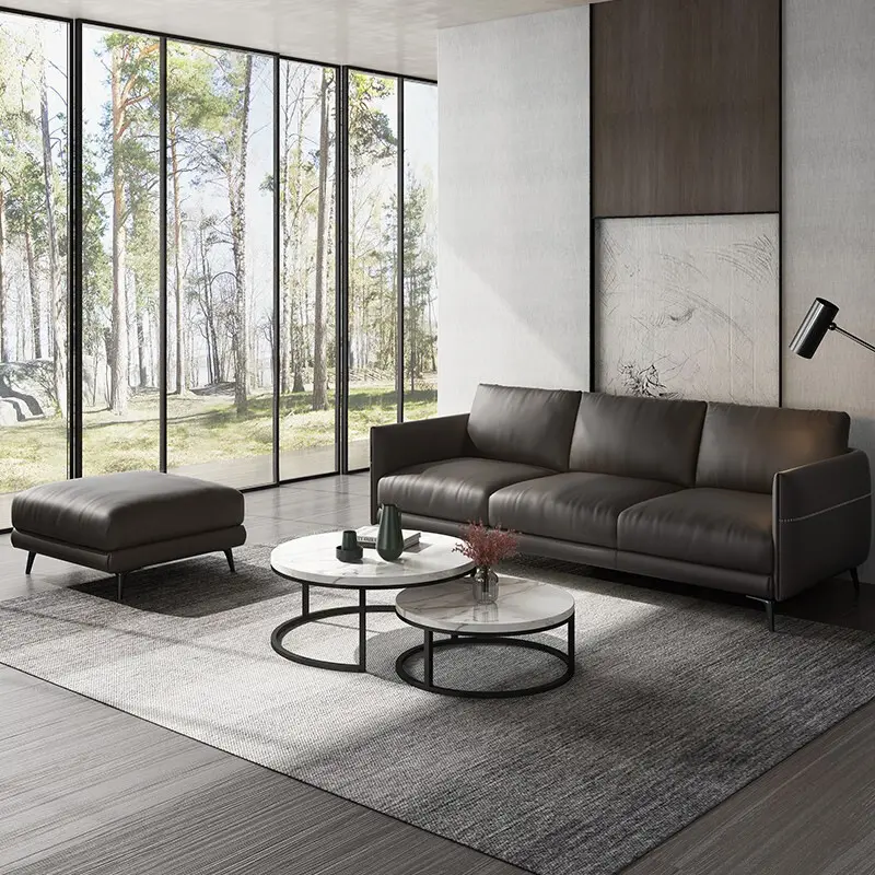 Dark Brown Genuine Leather Straight Sofa with Ottoman, Modern Minimalist 3-Seater Leather Couch, Low Profile Luxury Living Room Sofa Set