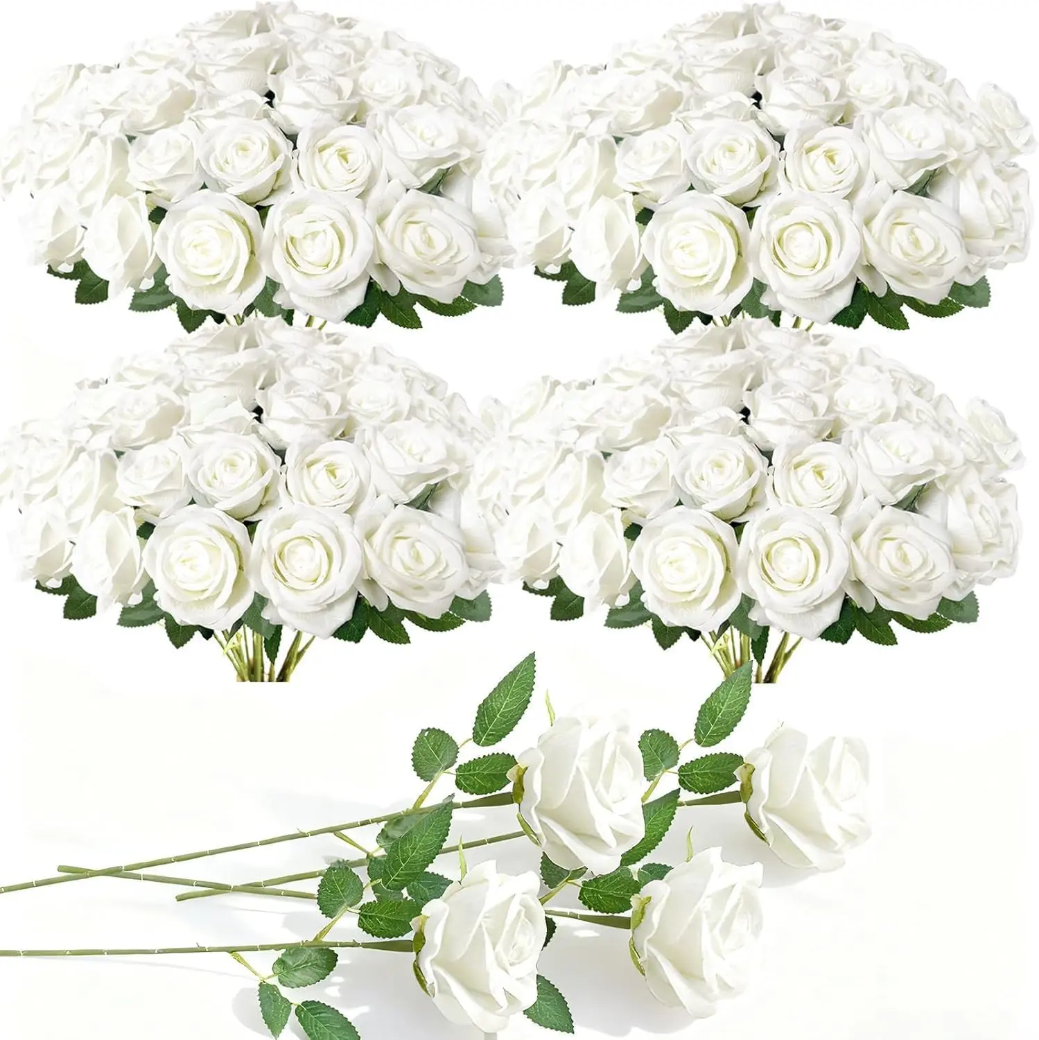 200Pcs White Roses Artificial Flowers, Real Touch Velvet Roses Bouquet Fake Flowers Bulk, Artificial Roses with Long Stems for Birthday Gift Women Mom DIY Bridal Wedding Centerpiece Decorations