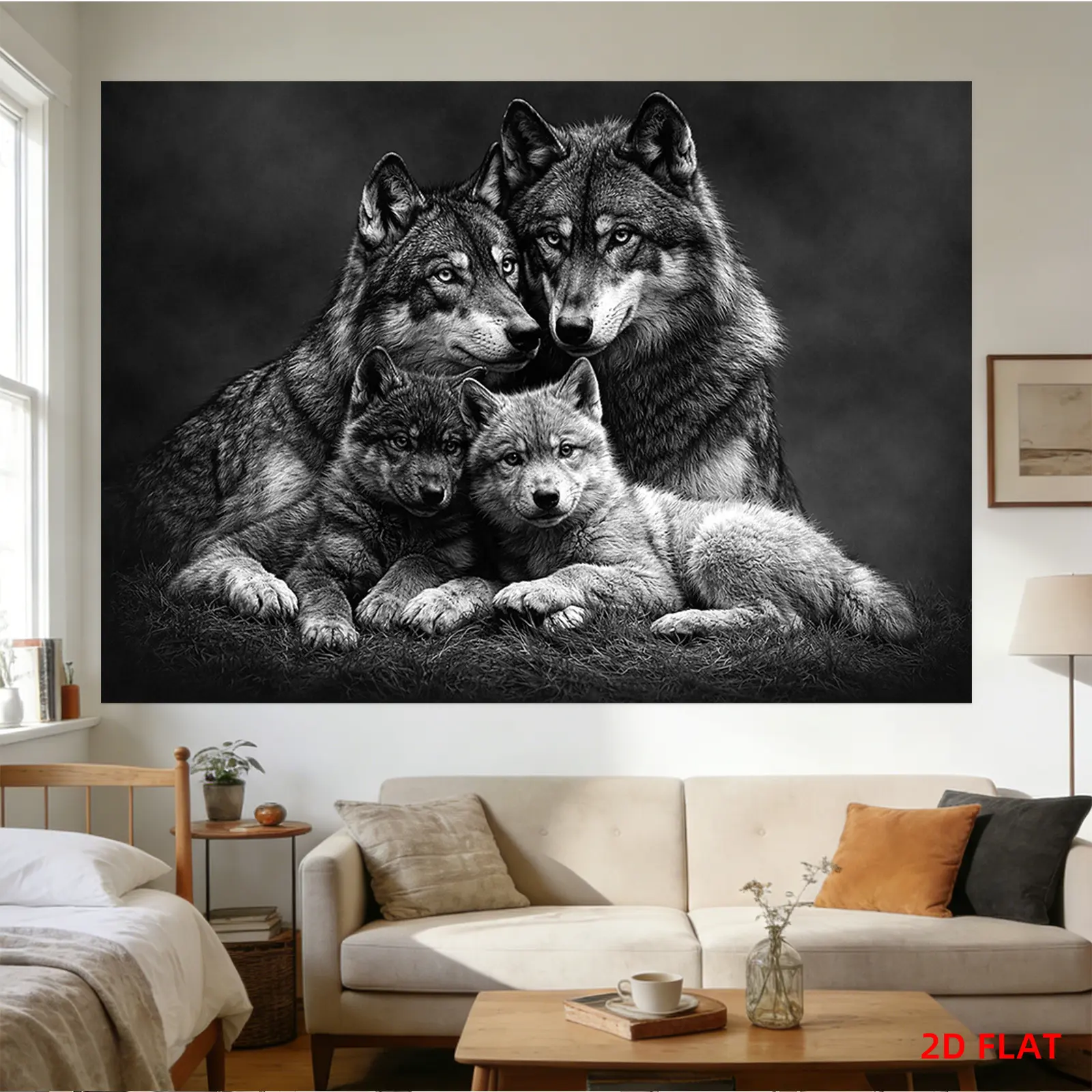 Large Polyester 2D Graphic Wolf Family Print Tapestry - Black and White, 2 Wolves & 2 Cubs Pattern, Indoors Wall Hanging for Bedroom, Home Decor Gift
