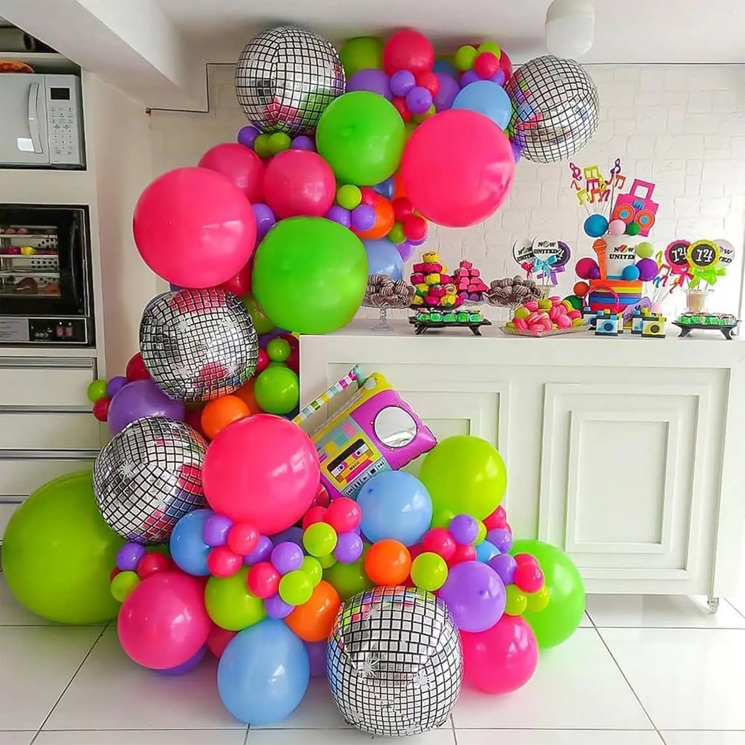 to 80s 90s Party Decorations, Rainbow Neon Disco Balloon Garland Arch Kit, Retro Disco Radio Foil Balloon for Retro Birthday Party Decorations  Hop Rock Photo Props Backdrop
