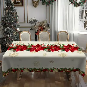 1 Christmas Poinsettia Snowflake Tablecloth - Vibrant red and gold round polyester festive tablecloth, restaurant kitchen party decoration, seasonal party accessory, snowflake pattern, smooth texture, home decor tablecloth, Christmas decoration.