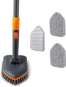 Stainless Bristle Tile Tub Scrubber Brush with Pad and Glass Cleaning Capability - 3 Functional Cleaning Heads, 56" Extendable Long Handle, No-Scratch Scrubber for Bathroom, Kitchen, Grey