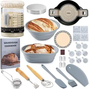 Traditional Yeast Starter Kit, Traditional Yeast Bread Baking Supplies, 40oz Traditional Yeast Starter Jar, Silicone Dough Fermentation Basket Set (4 Round and 10inch Oval), Handmade Bread Baking Tools, Silicone Bread Suspenders