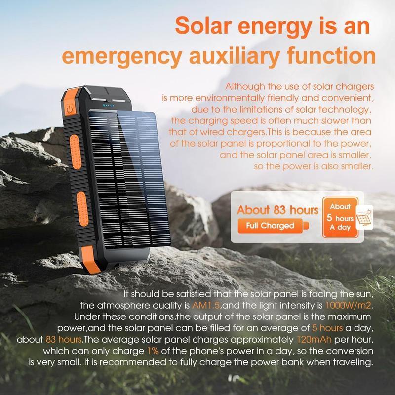 Solar Charger Power Bank 10000mAh Solar Phone Charger, Portable Charger Fast Charger Dual USB Ports Built-in LED Flashlight and Compass, IP65 Waterproof Portable Power Bank for Outdoor Activities-IP65 Waterproof Outdoor Phone Charger
