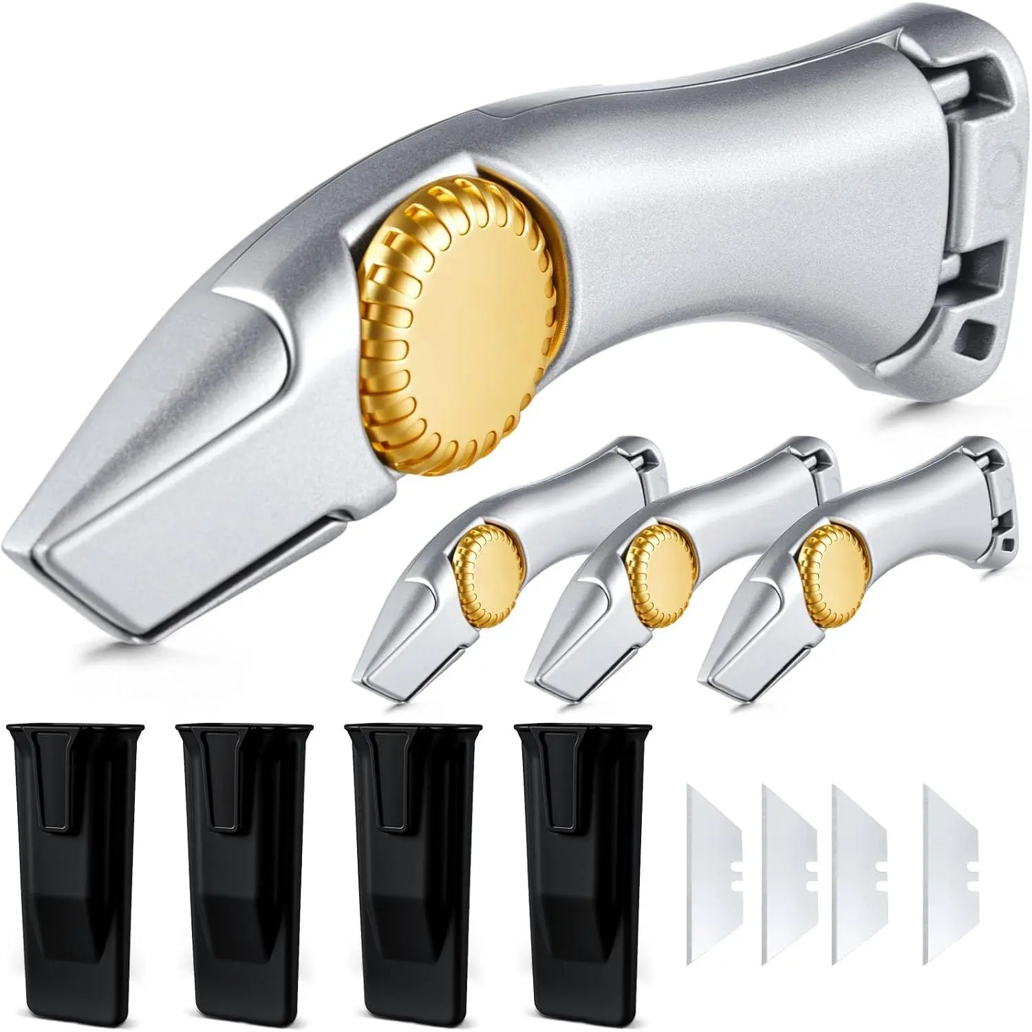 4-Pcs Heavy-Duty Carpet Knife Hand Tools Set with Replacement Fixed Blades, Holster Belt Clip – Versatile Cutting Tool for Vinyl, Drywall, Roofing Tasks