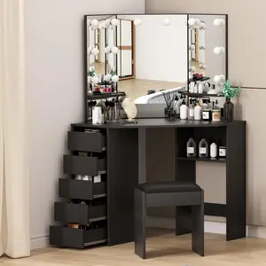Corner Makeup Vanity Desk with Mirror & LED Lights | Black Table with Power Outlet, 5 Drawers, 3 Shelves, 3-Color Lighting for Bedroom