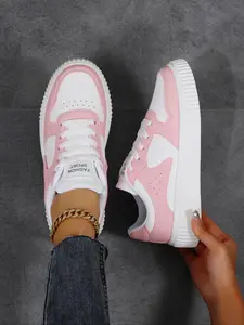 Women's Patchwork Lace Up Skate Shoes Sneaker, Casual Breathable Comfortable Sports Shoes, Female All-match Round Toe Shoes for Daily Wear