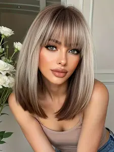 14 Inch Gradient Wig with Bangs, Shoulder-Length Straight Hair, Heat Resistant Rose Net, Natural Soft Breathable Fabric, Synthetic Material Wig, Heat Resistant Wigs, Synthetic Fiber Wig