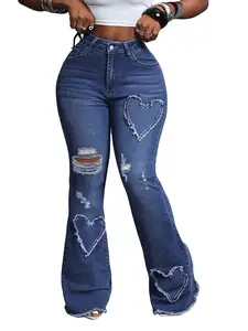Women's Plain Elastic High Waist Zipper Fly Flare Leg Jeans Pants Streetwear, Casual Pocket Button Design Bell Bottom Denim Trousers for Daily Wear, Ladies Bottoms for All Seasons
