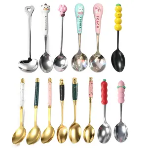 Multi-Style Stainless Steel Teaspoons & Dessert Spoons, Assorted Designs Including Marble, Cute Fruit, Animal & Heart Shaped Handles, Mirror Polished, Dishwasher Safe for Home Kitchen