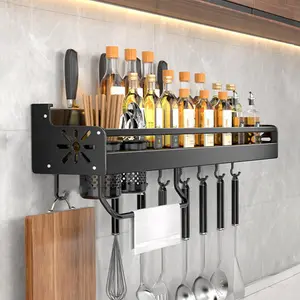Multipurpose Kitchen Organizer: Contemporary Wall-Mounted Spice Rack and Utensil Holder with Hooks - Save Space with Style