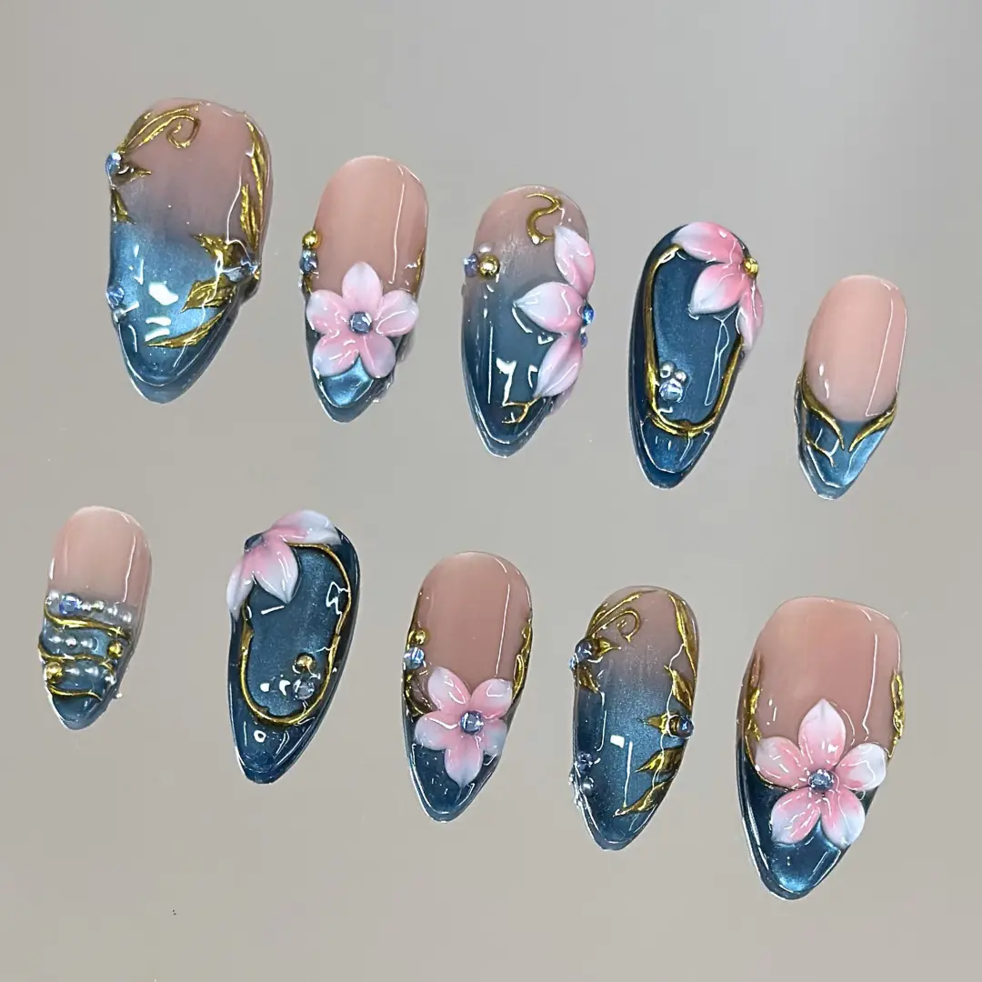 NailVesta TEAL BLOSSOM – 100% Handcrafted 3D Press-On Nails | Reusable, Long-Lasting, Salon-Quality