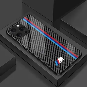 Carbon fiber textured car logo phone case suitable for iPhone 17 Pro Max 16/15/14/13/12/11 Plus, Samsung Galaxy S25/S24/S23/S22/S21/S20/S10/Note9/Note20 Ultra, Plus, FE & Samsung Galaxy A series  High gloss anti drop glass phone protective case-ZQ22