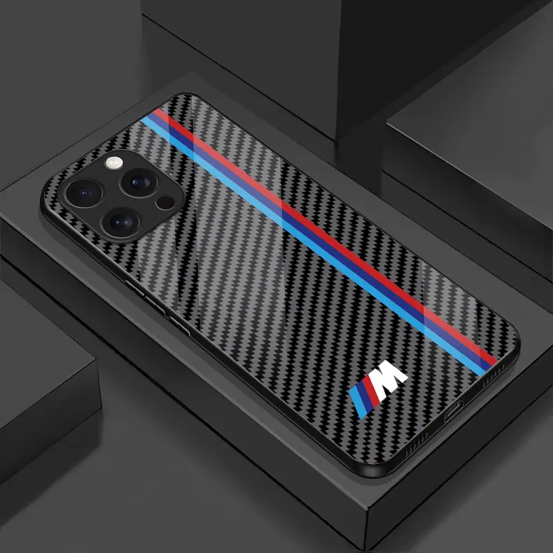 Carbon fiber textured car logo phone case suitable for iPhone 17 Pro Max 16/15/14/13/12/11 Plus, Samsung Galaxy S25/S24/S23/S22/S21/S20/S10/Note9/Note20 Ultra, Plus, FE & Samsung Galaxy A series  High gloss anti drop glass phone protective case-ZQ22