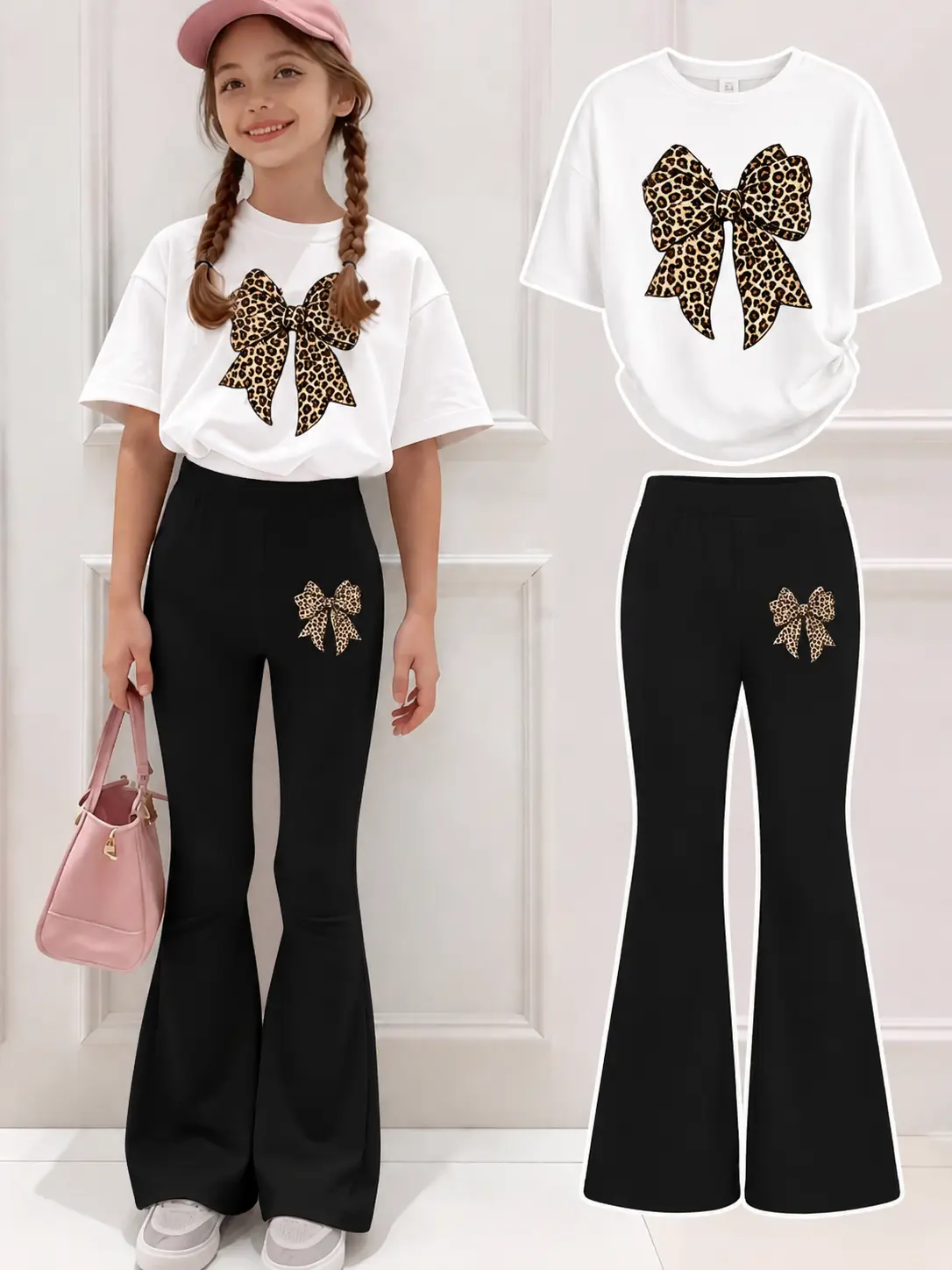 Girls Back to School Outfit Set, Leopard Bow Graphic T-Shirt and Flare Leggings 2 Piece Matching Set, Cute Casual Clothes for Little Girls Big Girls Tween Girls Ages 4-16