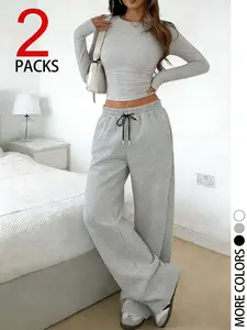 Women's Two-Piece Set, Casual Loose-Fitting Long Sleeve Top & Straight Leg Drawstring Pants, Comfortable Fabric, Perfect for Daily Wear, Travel, Shopping