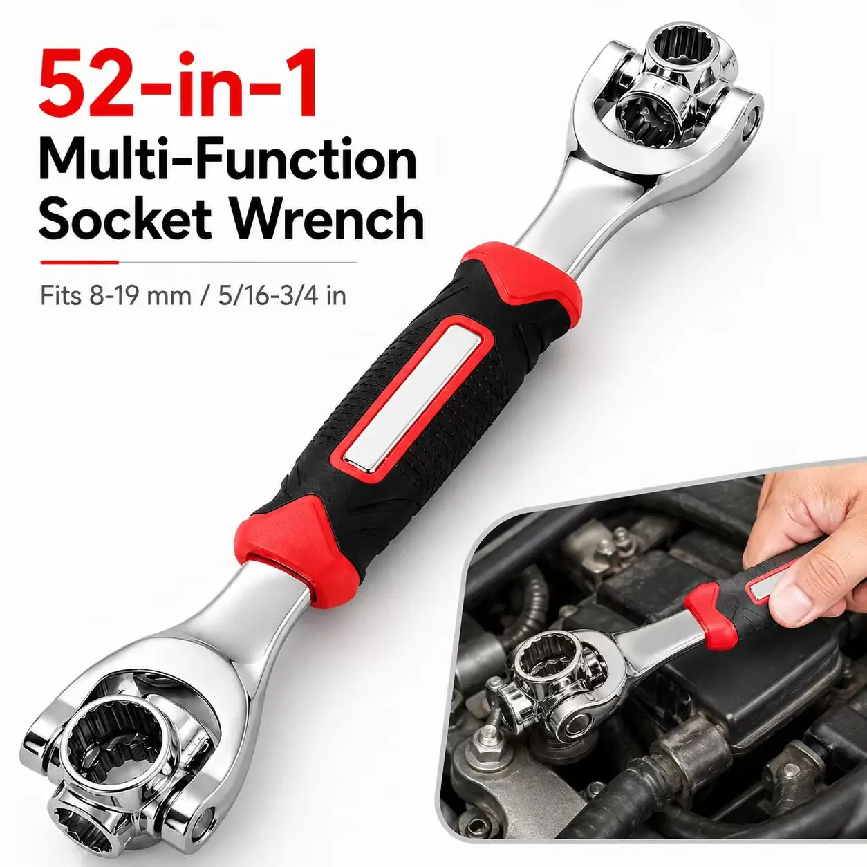 52-in-1 Multi-Function Socket Wrench, 8-19mm Universal Socket Wrench Tool with Non-Slip Handle, Double Head Ratchet Wrench for Home, Auto and DIY Repair