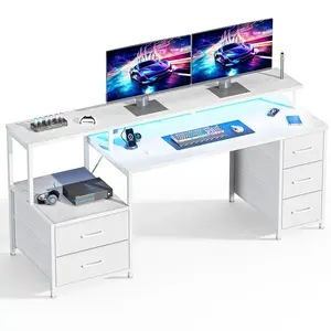 Computer Desk with 4 Drawer, Printer Cabinet and Power Outlet