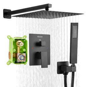 VEVOR Shower Faucet Set, Rainfall Bathroom Shower System with 12-Inch Square Rain Shower Head and Handheld Spray, Wall Mounted Bath Fixtures with Brass Valve and Trim Kit, Matte Black