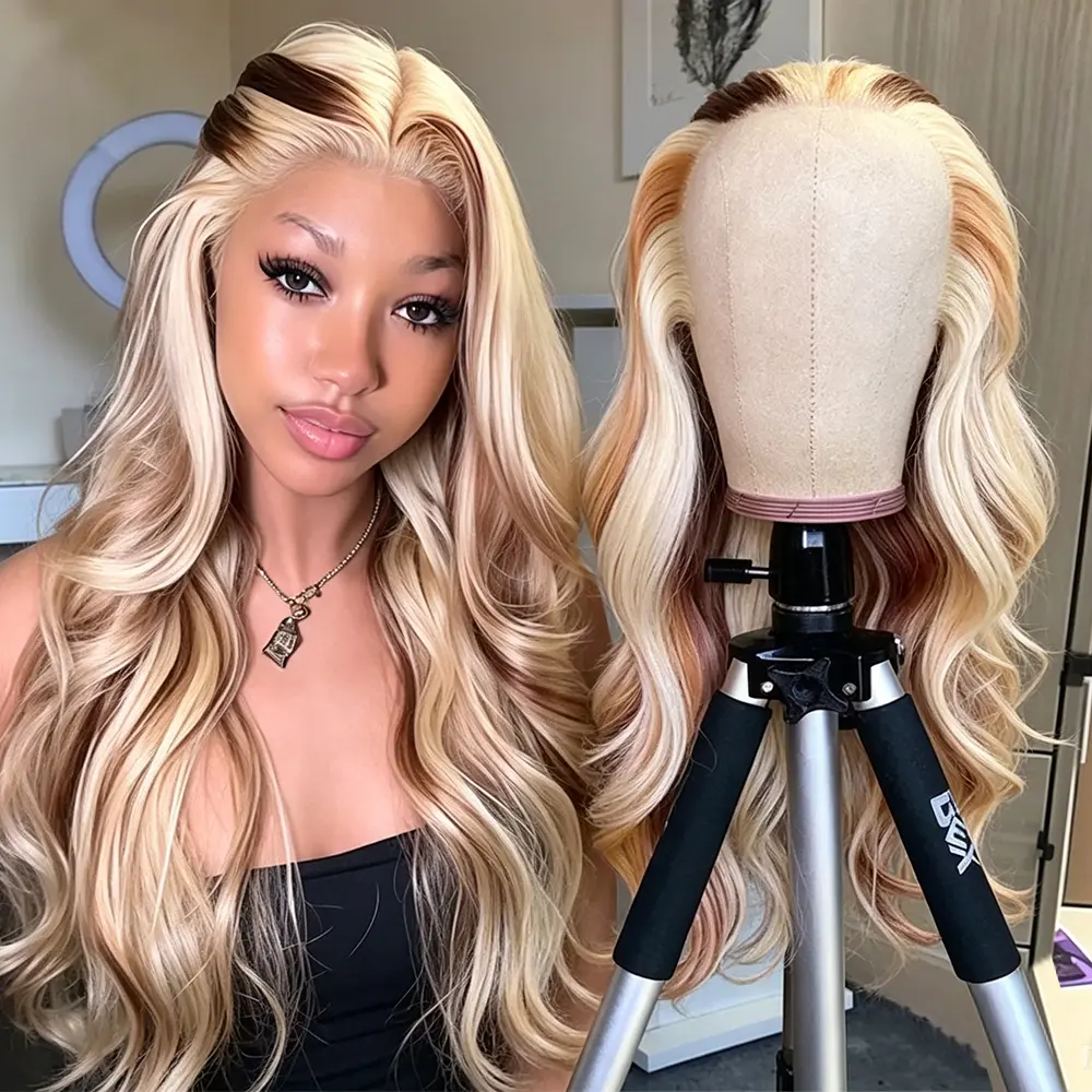 Yeswigs 13x4 Body Wave Highlight Ombre Lace Front Wig Human Hair Lace Front Wig Transparent HD Lace Frontal Wigs Human Hair 180% Density #27/613 Colored Straight Wigs Honey Blonde 13X4 Glueless Wigs Human Hair Pre Plucked Pre Cut Colored Wigs For Women