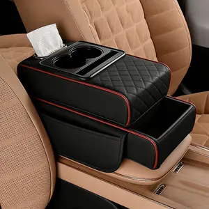 Black and red 5-in-1 car center console armrest cover, including 2 storage bags, cup holders, tissue slots, and phone slots, one set for storage inside the car.
