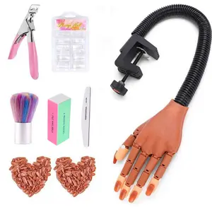Practice Hand for Acrylic Nails, Flexible Moveable Fake Hands, Manicure Trainng Hand Nail Kit for Beginners, Movable Nail Maniquin Hand with 200PCS Nail Tips, Nail Glues, Brush and Clipper