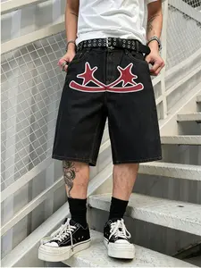 Y2K Style American Men's Denim Shorts, Deep Star Embroidery, Wide Leg Fit, Versatile Short Pants, Trendy Fashion Apparel