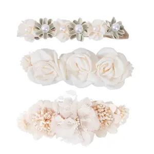 3 PCS Baby Girl Flower Headbands Set, Elastic Nylon Floral Hair Band, Bows Wrap for Infant Newborn Toddler