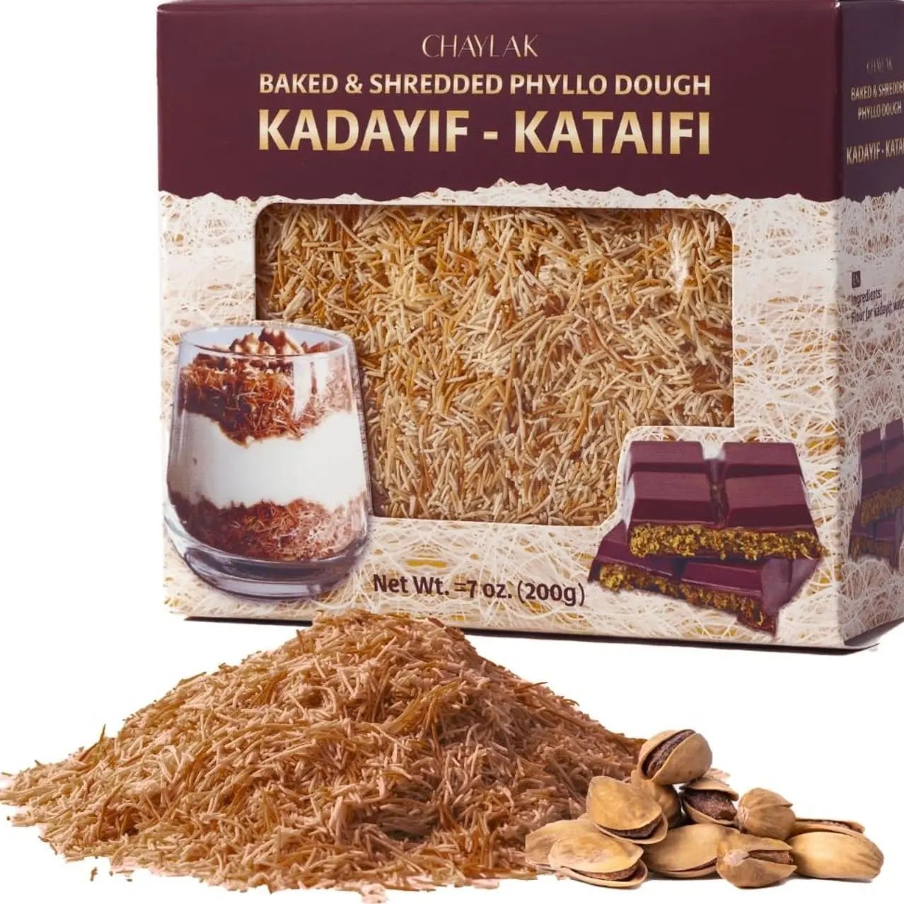 Baked & Shredded Kataifi Pastry 7 oz (200g) – Ready to Use Crushed Kadaifi, Roasted Shredded Phyllo Dough for Dubai Chocolate, Knafeh, Kunafa, Pistachio Chocolate Bars, and Pastry Toppings – Chilled & Baked Kadayif Sprinkles, Kataifi